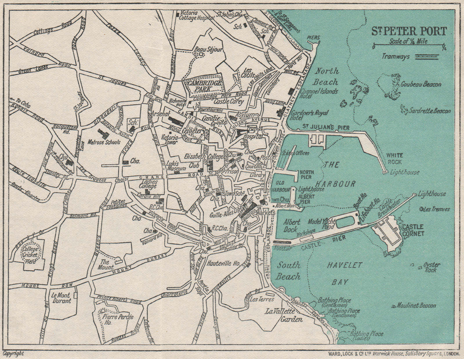 ST PETER PORT vintage town plan. Guernsey Channel Islands. WARD LOCK 1921 map